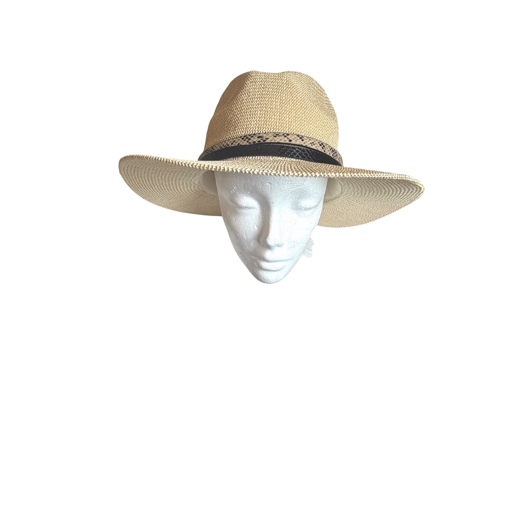Express Tan Straw Wide Brim Sun Hat Snakeskin Faux Leather fit up to 19-21" @